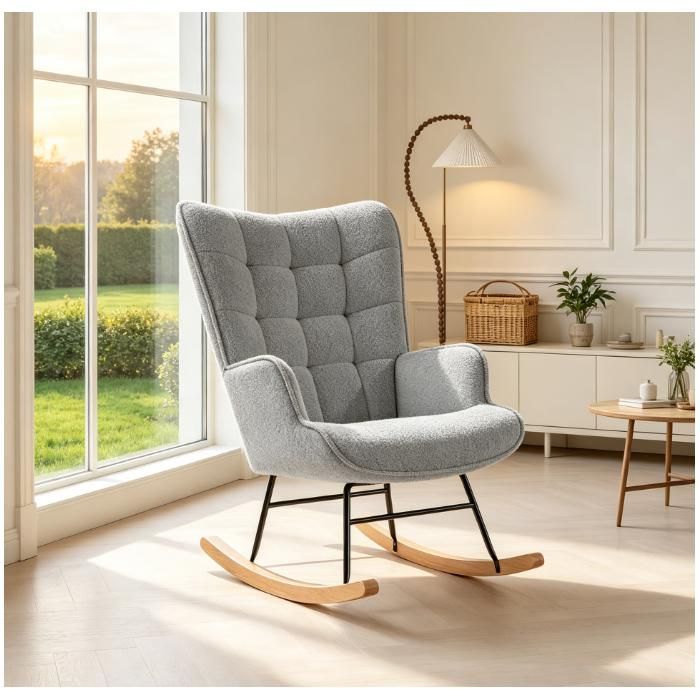 Fauteuils pour chambre denfant à coucher salon balcon rocking chair avec pieds en bois fauteuil scandinave velours teddy gris