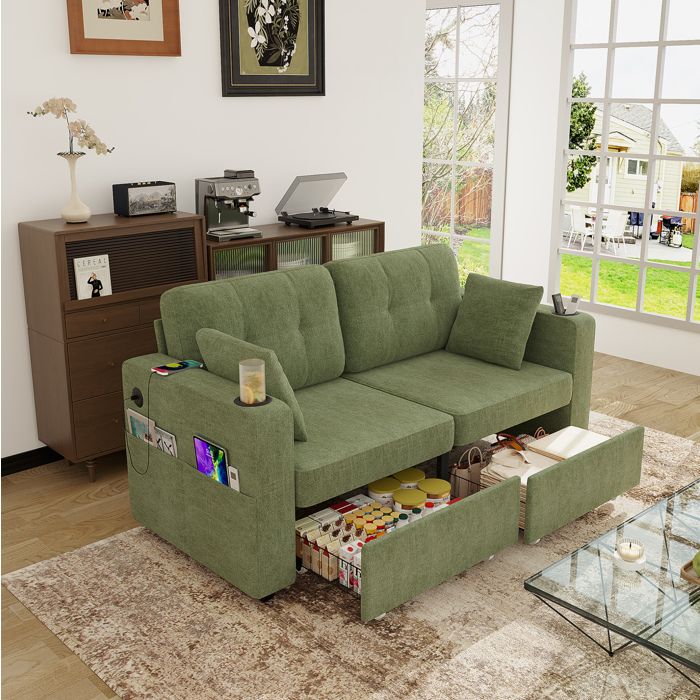 Canapé fixe 2 places en chenille vert olive avec USB porte-gobelets et tiroirs de rangement