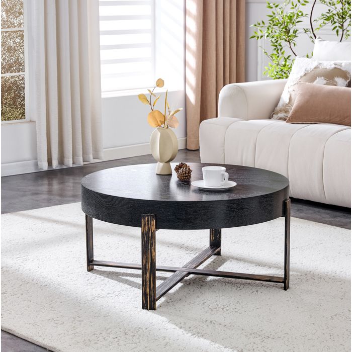 Table basse ronde 68 cm style industriel vintage plateau MDF décor bois noir et structure croisée bronze antique