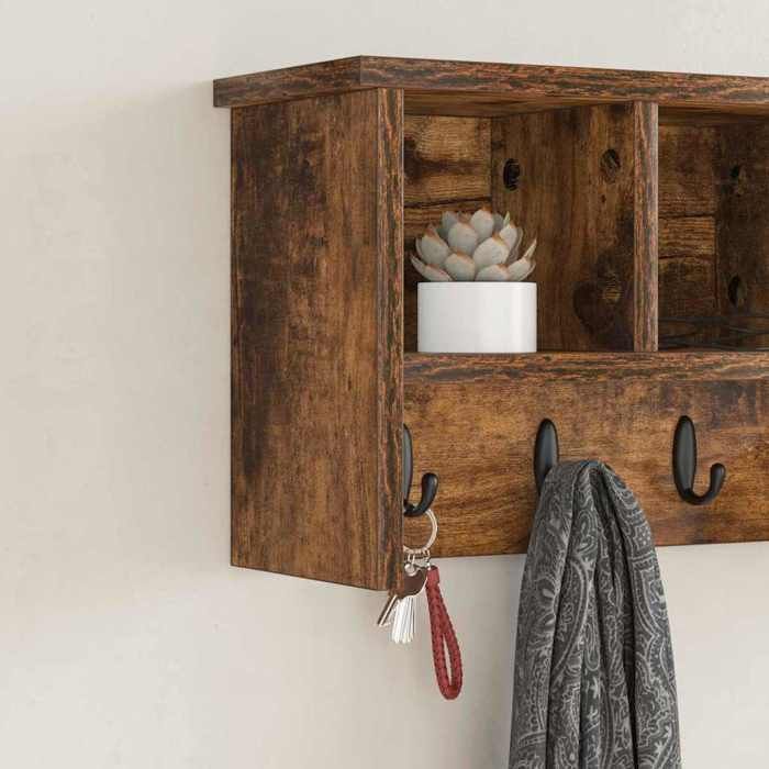 Porte-manteau mural élégant - ECOHOME - bois dingénierie - chêne fumé - 50 x 16 x 26 cm - 3 étagères - avec porte@482457