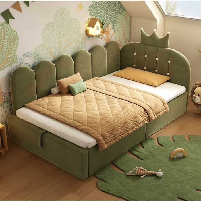 WOVREO Lit de jour 90 x 200 cm en L avec coffre hydraulique velours vert couronne sommier à lattes inclus