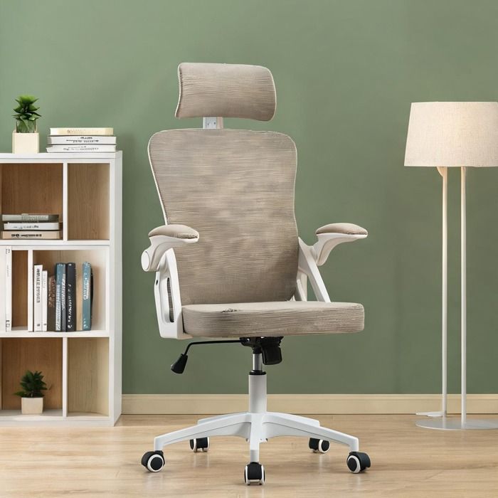 Fauteuil de bureau ergonomique 1 place en filet et tissu beige lin dossier haut avec soutien lombaire et appui-tête style