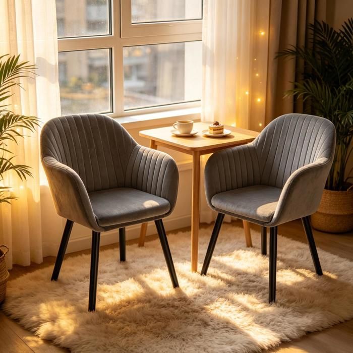 Lot de 2 chaises avec accoudoirs en velours gris foncé pieds en bois massif et métal style scandinave