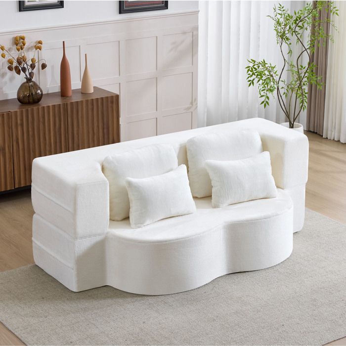 Canapé modulable 2 places avec 4 coussins - ELVMI - futon pliable mousse haute densité tissu doux blanc
