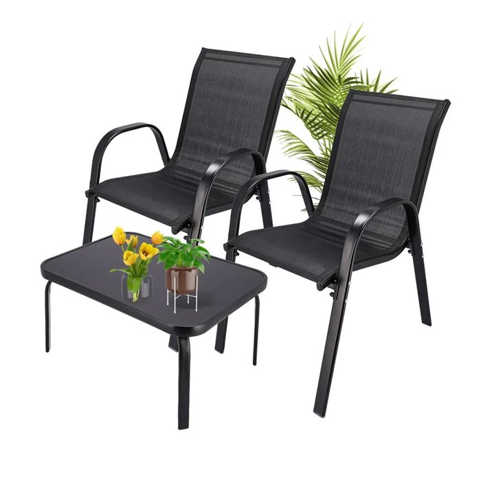 Ensemble mobilier jardin - EXTRALINK - Black Forest Classic - 2 fauteuils + table - Textilène noir - Résistant entretien facile