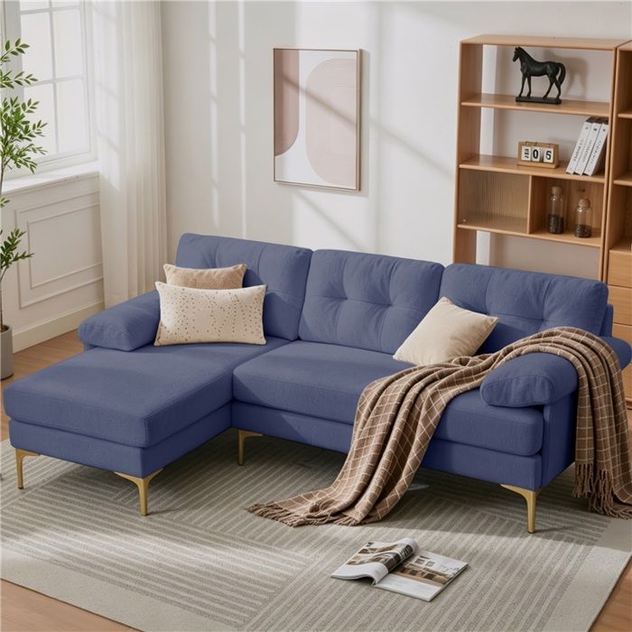 Nouveau canapé L en chenille bleu - 187 5 cm 3 places coussins déhoussables accoudoirs rembourrés vidéo disponible Nouveau canapé L en chenille bleu - 187 5 cm 3 places coussins déhoussables accoudoirs rembourrés vidéo disponible