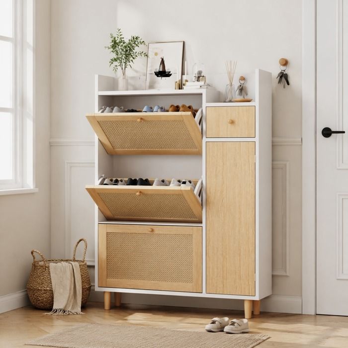 Meuble à chaussures 90 x 17 x 125 cm avec 3 abattants 1 tiroir et 1 porte effet rotin MDF blanc et naturel