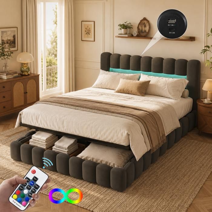Lit Coffre 160x200 en Lin avec Rangement - Lit Bubble avec LED et USB Tpye C - Tête de lit rembourré avec Étagère - Sommier inclus