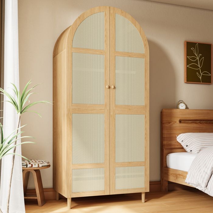 Armoire moderne à portes courbes avec tiroir et tringle Garde-robe espace de rangement Convient pour chambre Noyer
