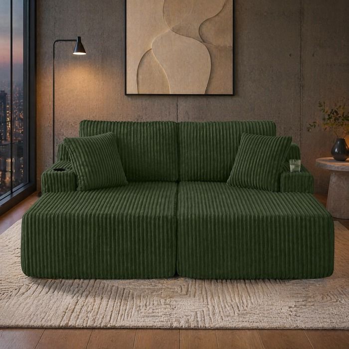 Canapé-lit 2 places modulable relax en velours côtelé vert avec porte-gobelet poche de rangement coussins VEVXYN