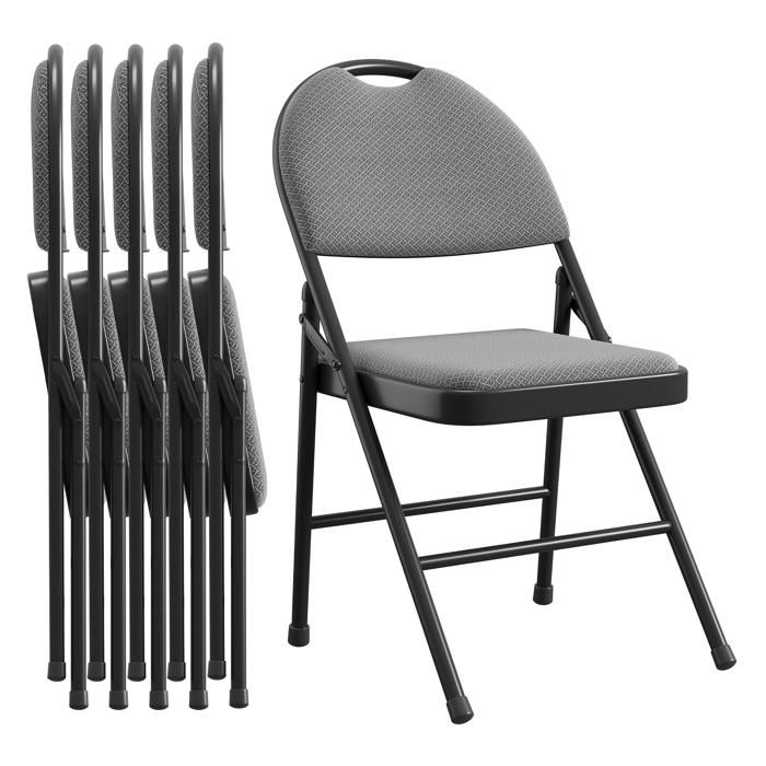 Lot 6 Chaises Pliantes Confort – Tissu Lin gris Dossier Haut Rembourré Assise Moelleuse Cadre Acier
