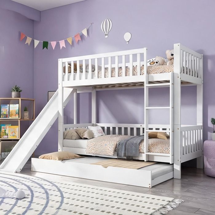 Lit superposé 2 places 90x200/190 cm avec toboggan pin massif et MDF blanc barrières de sécurité et étagères