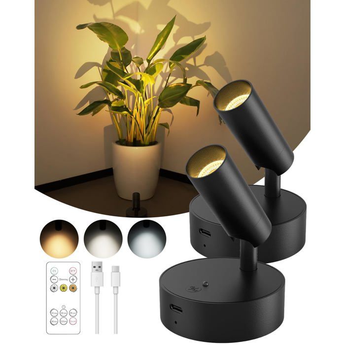Spot LED rechargeable sans fil 3000 mAh USB-C - éclairage intérieur rotatif 360° avec 3 températures de couleur