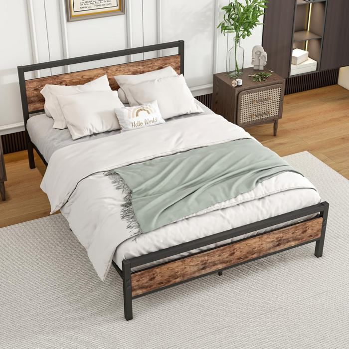 VUENOR Lit 140x200 cm marron – sommier à lattes inclus et rangement