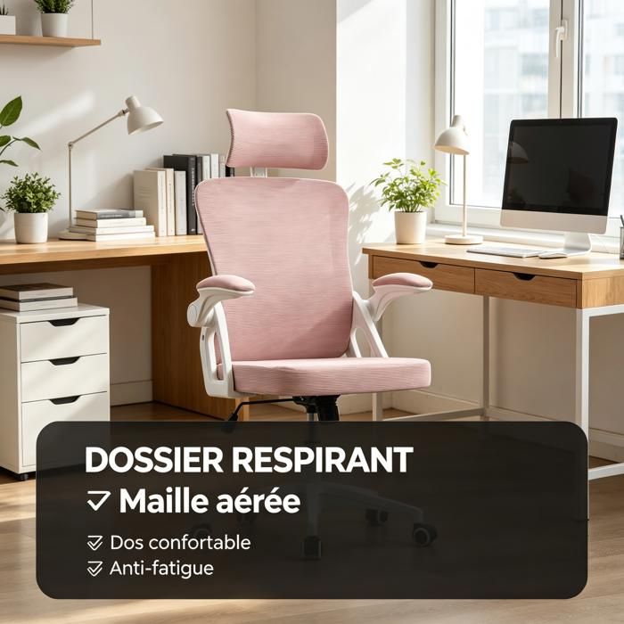 URTR Chaise bureau ergonomique mesh soutien lombaire et appui-tête réglables dossier haut confortable pour maison/bureau Rose