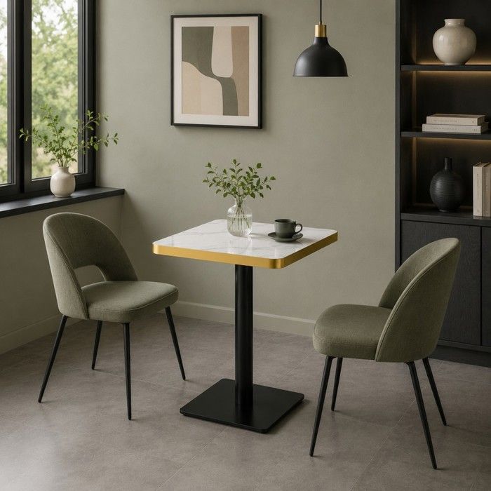 Table à manger carrée 60x60x74 cm structure métal plateau résistant UV blanc/noir/or sans chaises pour cuisine