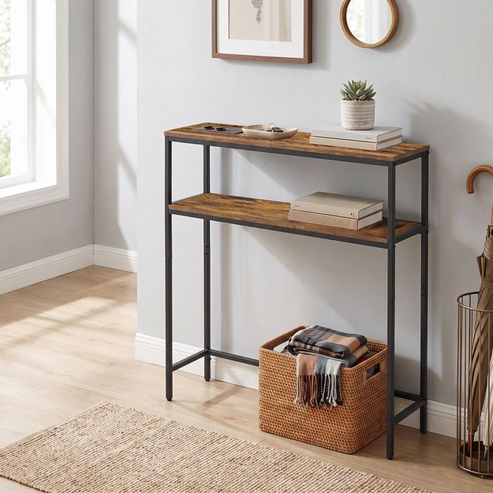 Console avec Prise Meuble de Couloir à 2 Étagères Table pour Salon 20x80x81 cm Marron Rustique et Noir Mat Console avec Prise Meuble de Couloir à 2 Étagères Table pour Salon 20x80x81 cm Marron Rustique et Noir Mat