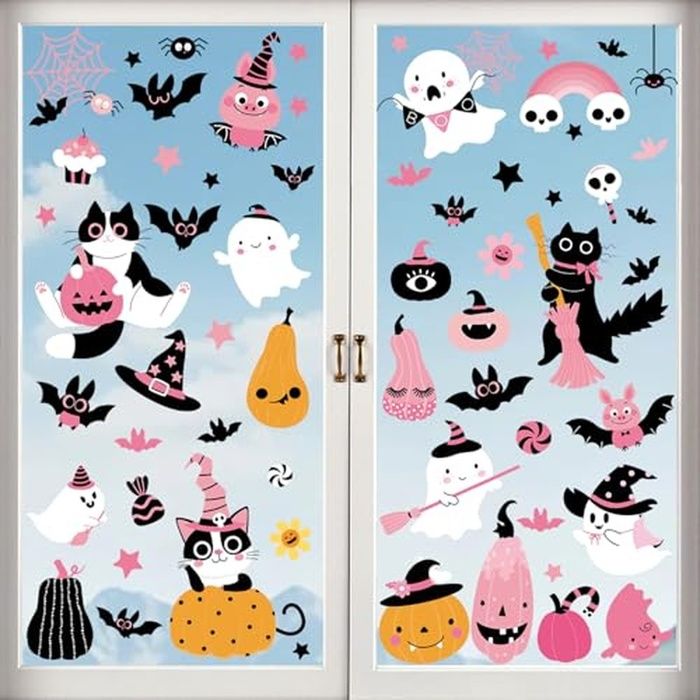 Lot de 9 Feuilles dAutocollants pour Fenêtre dHalloween - Citrouille Chauve-Souris Crâne Gothique Chat