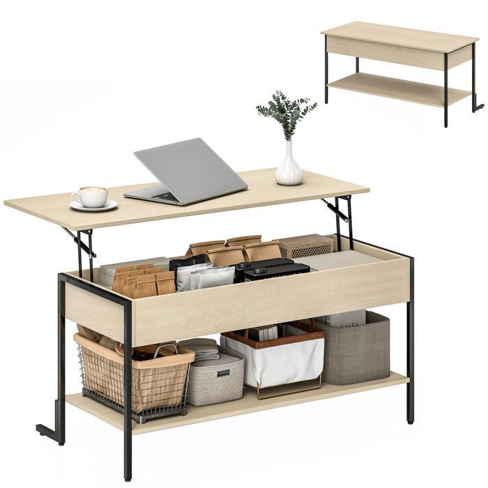 Table basse - plateau relevable - compartiment caché étagère ouverte - MDF - 95x40x59cm - bois naturel Table basse - plateau relevable - compartiment caché étagère ouverte - MDF - 95x40x59cm - bois naturel