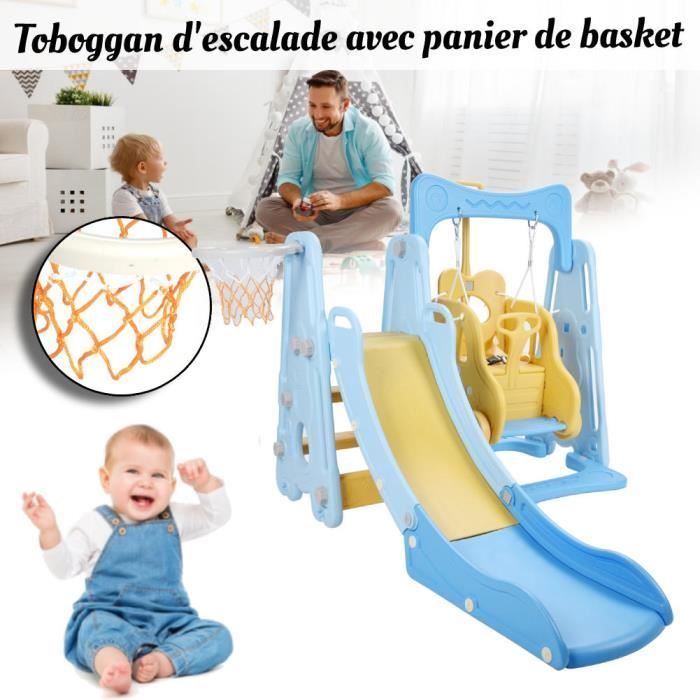 Portique enfant toboggan, balançoire, panier basket-ball, échelle