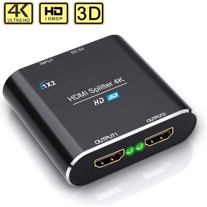 Splitter HDMI 1 en 2 sorties, Répartiteur HDMI 4K pour Deux écrans, 1 x 2  HDMI Splitter 1 vers 2 Amplificateur pour Full HD 1080p 3D Livré avec Câble