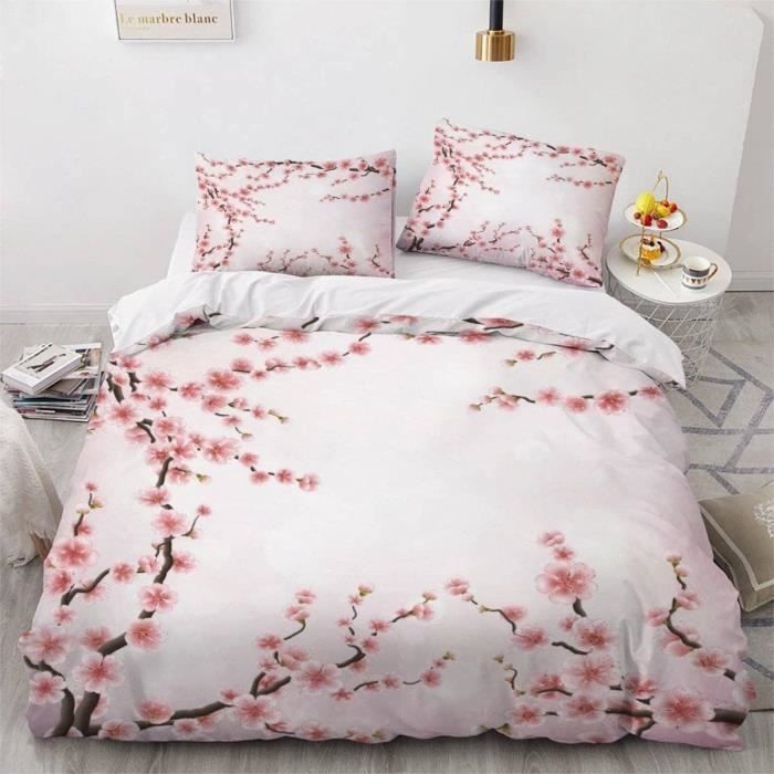 Housse De Couette 140X200 Fleurs De Cerisier Roses 3D Motif Parure De