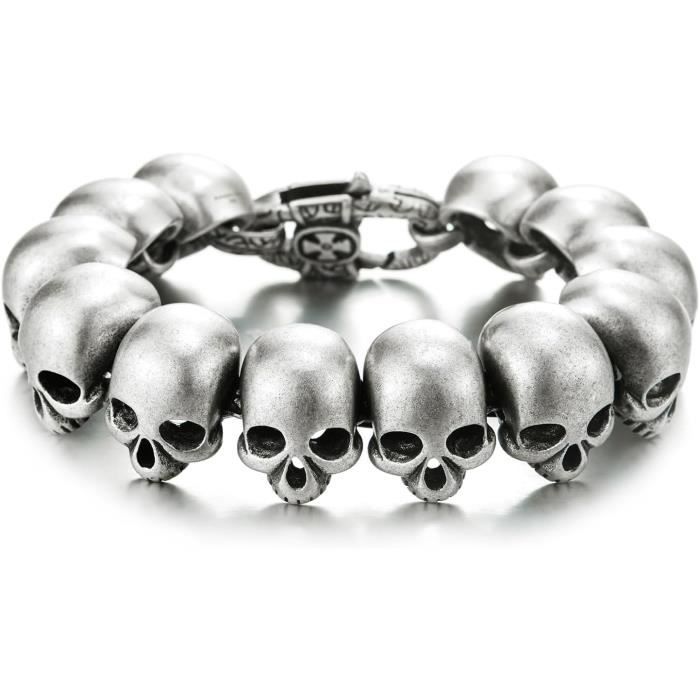 Bracelet Cuir Homme Biker – Style Gothique, Crâne Tête De Mort, Acier Inoxydable