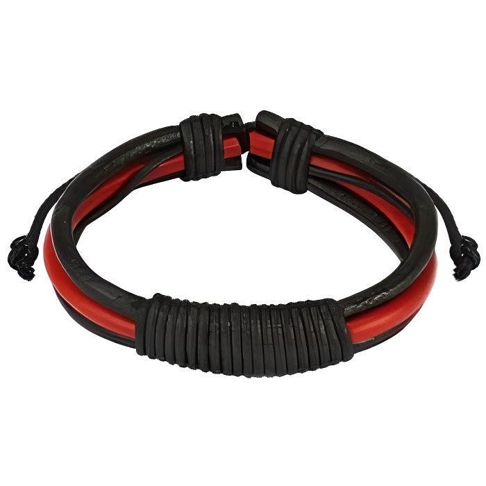 Bracelet en cuir rouge pour homme et ado - Foot Rugby 0133 - Taille ajustable - Livré avec pochette cadeau