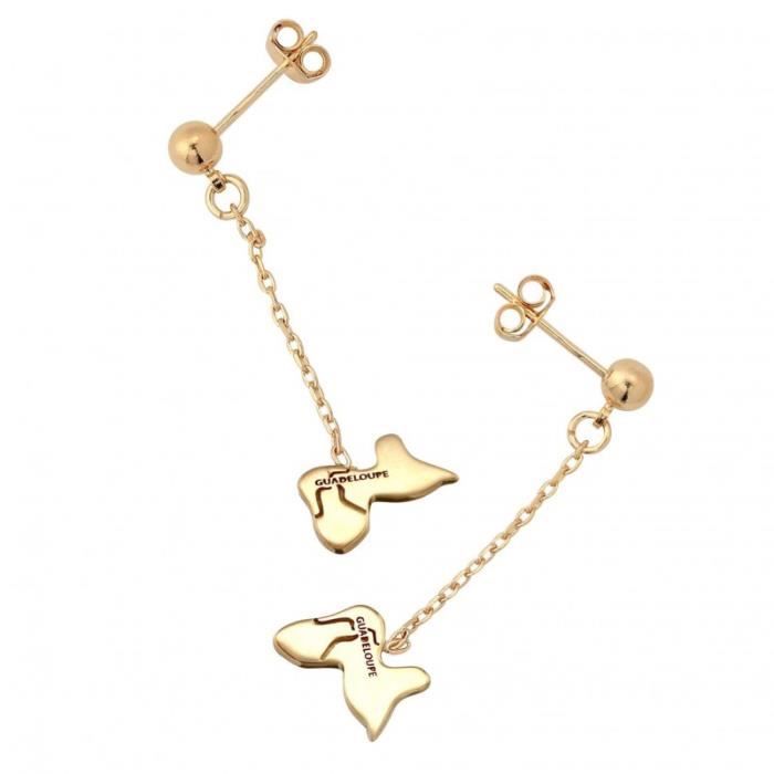Boucles D'Oreilles Pendantes - Forme Carte De La Guadeloupe (971) - Plaqué Or 18k