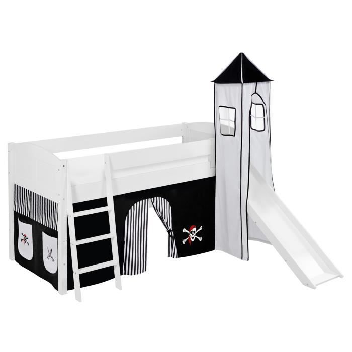 Lit surélevé ludique/évolutif IDA 4106 Pirate noir blanc-S - avec rideaux tour et toboggan - LILOKIDS - blanc laqué