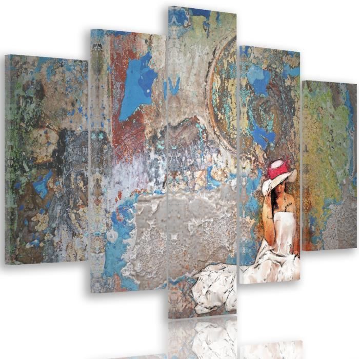 Tableaux pour la mur Vintage abstrait 200x100 cm XXL 5 pieces Moderne La Femme au Chapeau Blanc Multi de Décoration