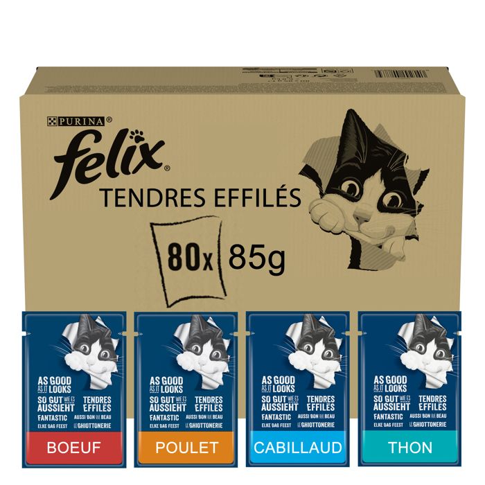 FELIX Tendres Effilés en Gelée - Sélection Mixte - 80x85g - Sachets fraîcheur pour chat adulte