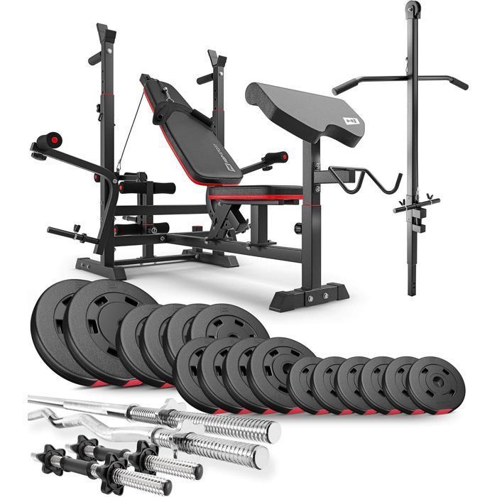 Ensemble dhaltères 75 kg Hop-Sport Banc de Musculation et Poulie haute HS-1075 Set Disques de Poids 31 mm et Barres dhaltères