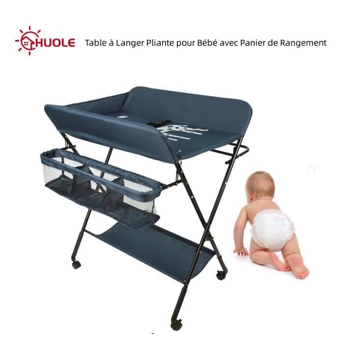 Table Soins Bébé Table à Langer Pliable Avec Roues - Harnais Sécurité - Panier Rangement Réglable En Hauteur Table à Langer Hauteur Réglable