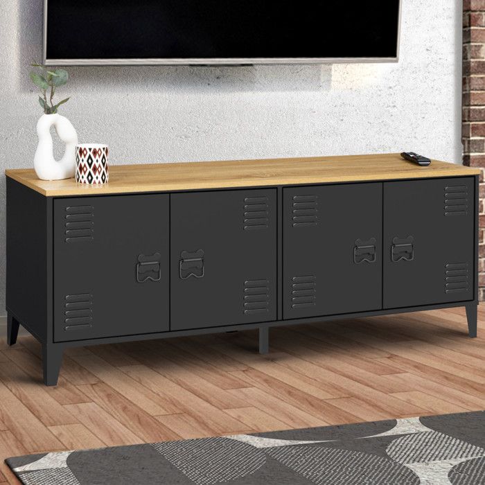 Buffet Casier Industriel 180 Cm – 10 Portes Métal, Plateau Bois, Couleur Noir, Design Moderne