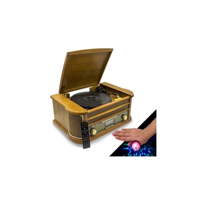 Chaîne Hifi INOVALLEY RETRO29-E vinyle style rétro Bluetooth, CD, K7 Audio, FM, USB + télécommande, Jeux de lumières Bagues LED