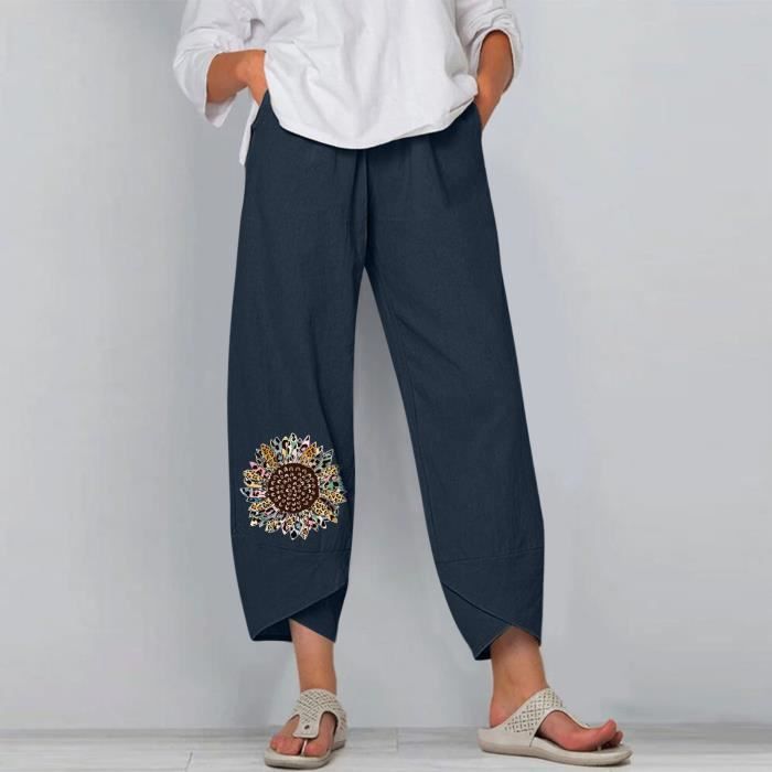 PANTACOURT Pantalon ample décontracté d'été pour femme en coton et lin brodé Bleu