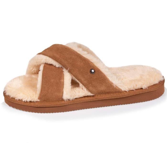 Chaussons femme top cuir isotoner