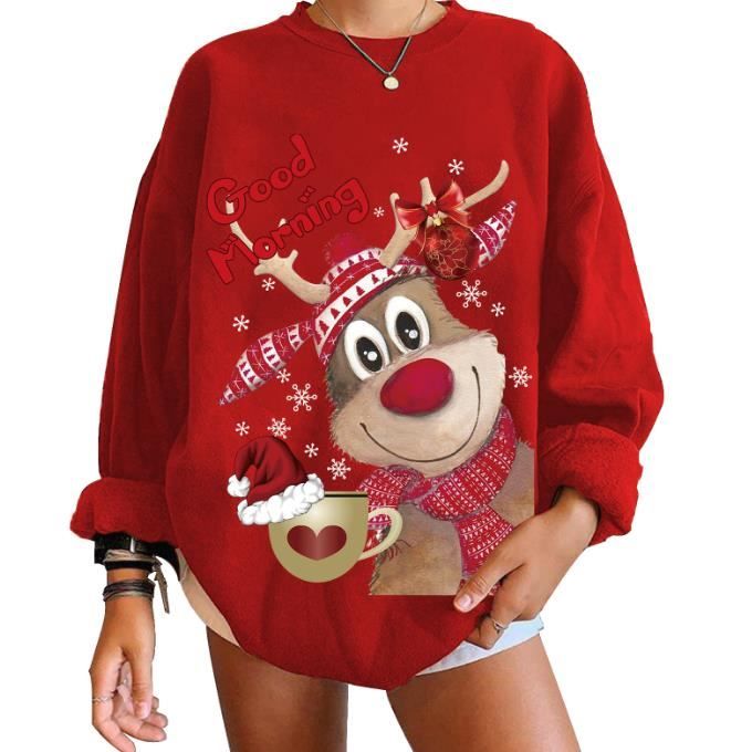 Pull de Noël Femme Sweat Cadeaux Hiver Oversize Sweat Shirt Manches Longues Col Rond Noël Hiver Chaud Chic Ample Sweater Tops Sweat