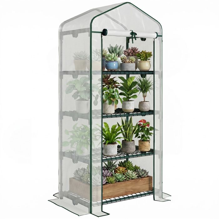 Serre de jardin - Outsunny - PE étagères 4 niveaux balcon bâche renforcée 140 g/m² fleurs - acier - 70x50x160cm - blanc