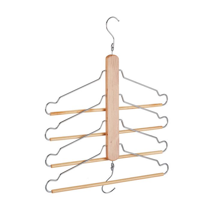 Lot de 3 cintres multiples peu encombrants 4 barres à pantalons bois de lotus et métal multifonction naturel/argenté