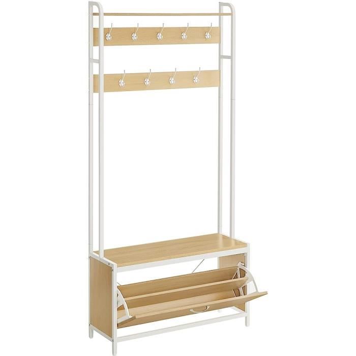 Vestiaire avec Banc 9 Crochets et Étagère - VASAGLE - Moderne - Chêne et Blanc