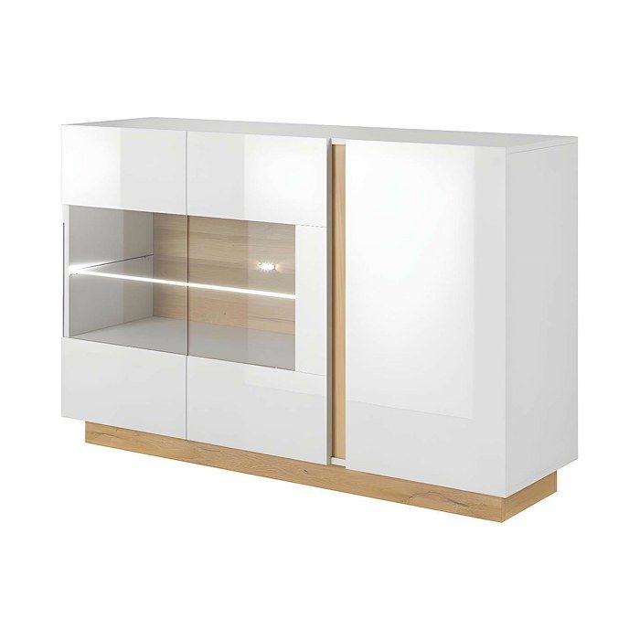 Buffet MURARI - 3 portes - Avec LEDs - Blanc brillant et chêne Buffet MURARI - 3 portes - Avec LEDs - Blanc brillant et chêne