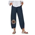 PANTACOURT Pantalon ample décontracté d'été pour femme en coton et lin brodé Bleu-1