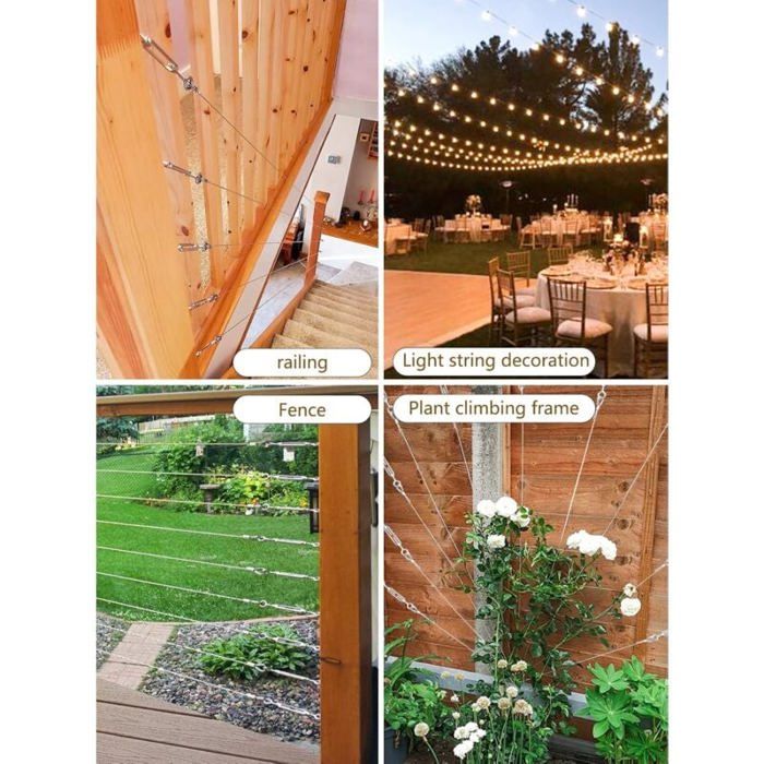 AMLOOPH - Fil de jardin pour plantes grimpantes - 60 m - En acier inoxydable - Robuste - 2 mm - Kit de treillis de clôture avec tendeur de fil de tension
