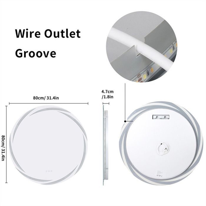 EMKE Miroir de Salle de Bain Rond 80 cm, Miroir Rond Salle de Bain avec Interrupteur Tactile et Fonction Anti-buée, Lumière Blanche 6500K, Cadre Noir et bandoulière réglable