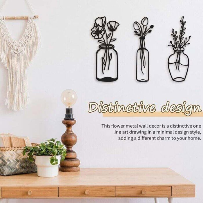 2 Pièces Déco Murale Métal Noir Fleurs - Art Minimaliste Vase Mural Set D
