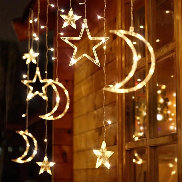 Fenêtre lunaire de 1,65 M Rideau lumineux LED Eid Mubarak lune étoile,  guirlande lumineuse féerique, décorat