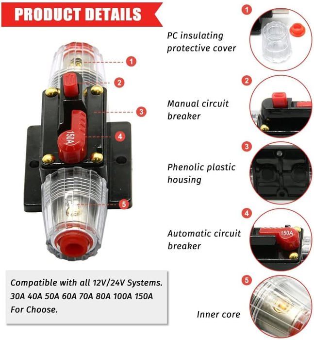 Disjoncteur Voiture 12-48V DC Avec Réinitialisation Manuelle - 20A à 100A, Pour Audio, Bateau, Solaire
