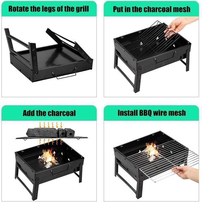 Barbecue Charbon Portable Pliable En Inox - 4 Surfaces De Cuisson, Idéal Camping Et Pique-nique